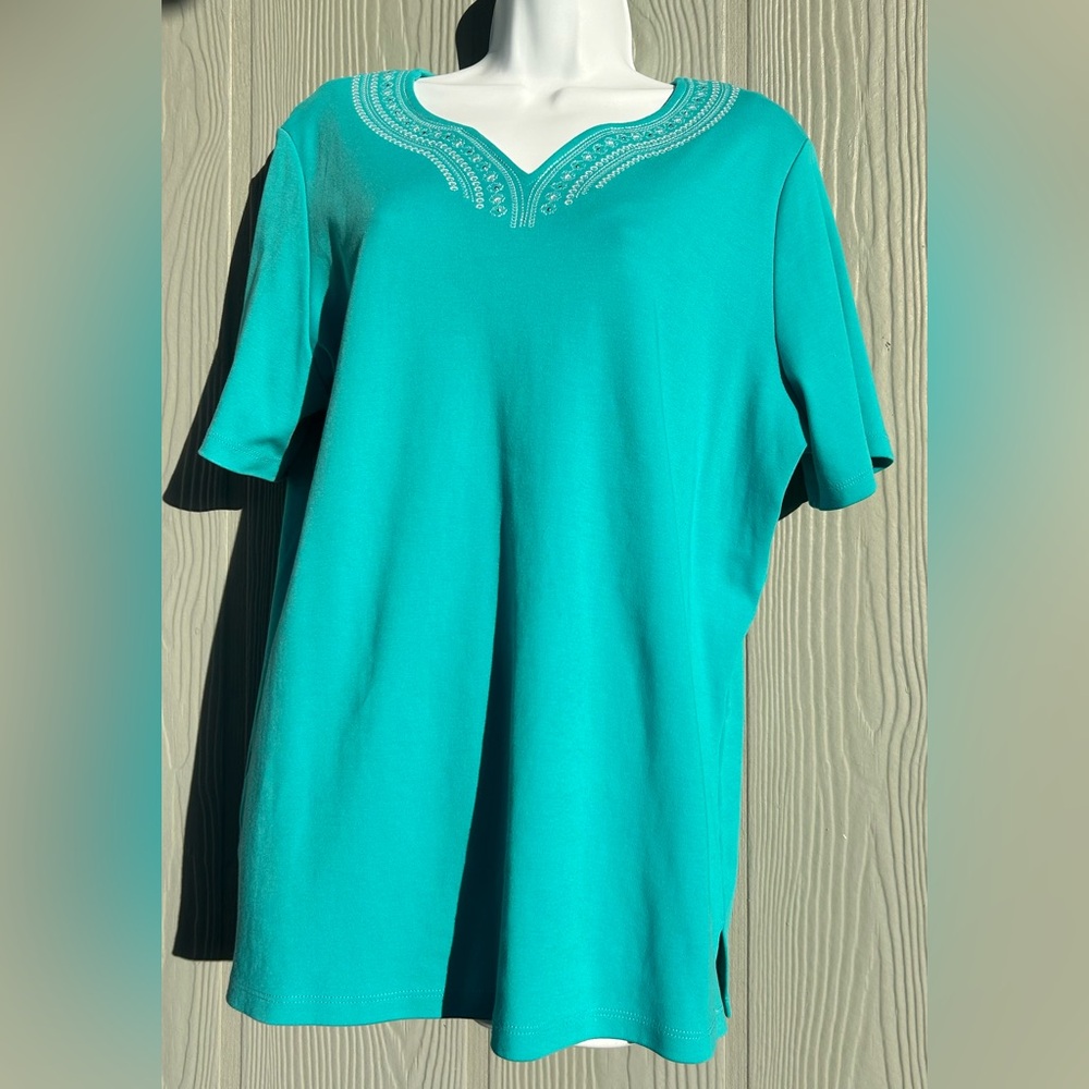 121*.Allison Daley Women's Split-Neck Teal Top